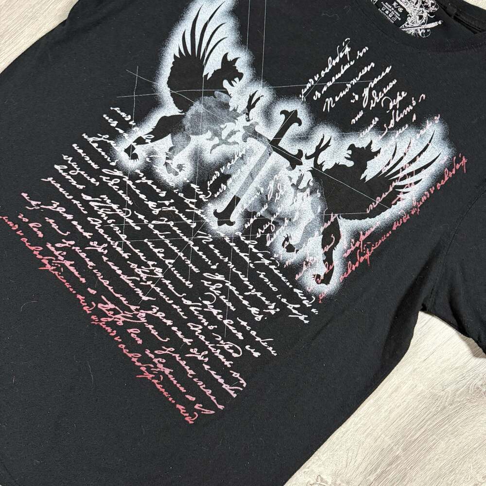Y2K Grunge Graphic Tee with Cross and Winged Creature Print T-Shirt XL - Picture 4 of 6